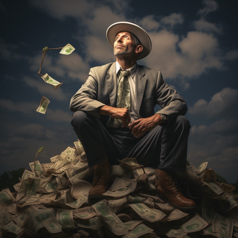 Advantages and Disadvantages of Organic Farming - Farmer Sitting on a Pile of Money - Just Organics